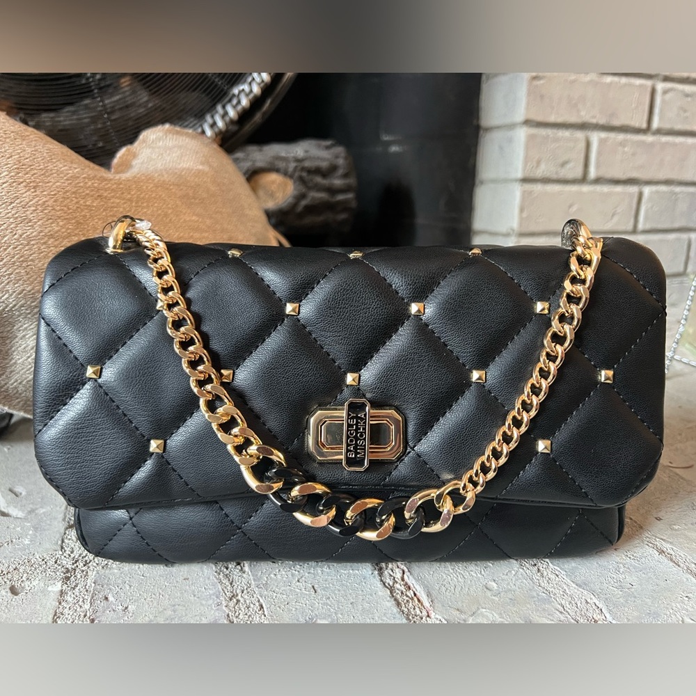 Badgley Mischka Black Diamond Quilted Crossbody With Studs NWT